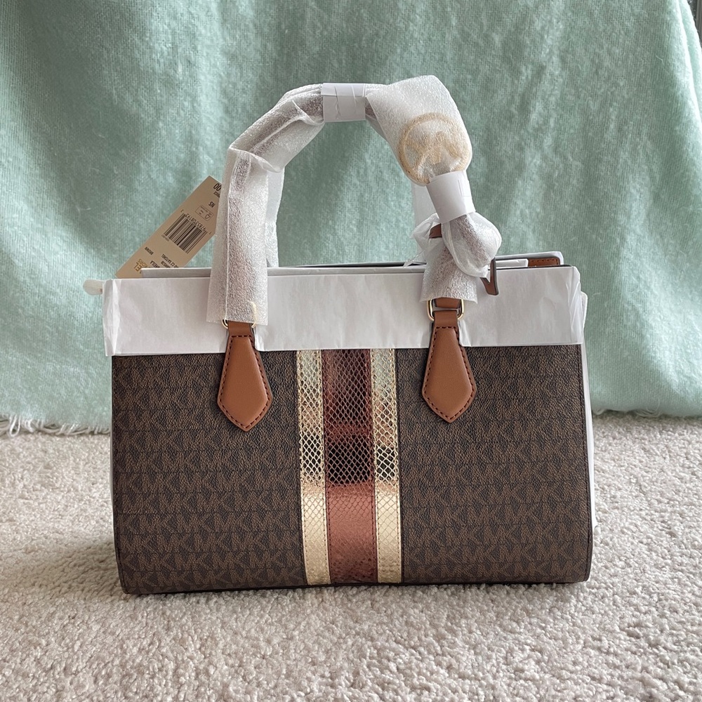 Michael Michael Kors MK Logo Sheila Medium Signature Metallic Satchel Purse